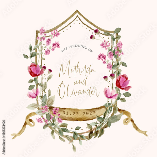 vintage romantic pink wildflower wedding crest; pink floral watercolor frame