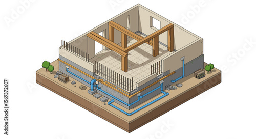 Isometric vector illustration of a building construction process with foundation and structure details