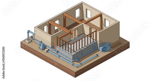 Isometric vector illustration of a building foundation with plumbing and framing elements