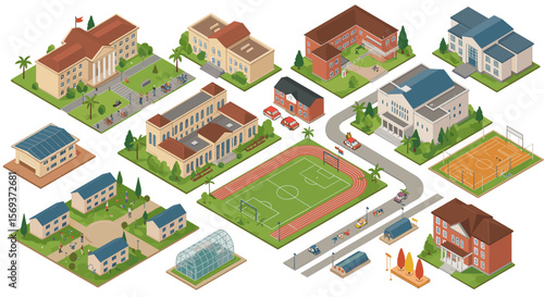 Isometric vector illustration of a school campus with buildings and sports facilities for educational design