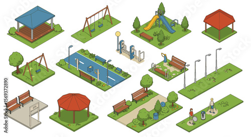 Isometric park scene vector illustration with playground equipment and green spaces for design