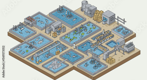 Isometric vector illustration of an aquaculture facility layout – design for educational and training purposes