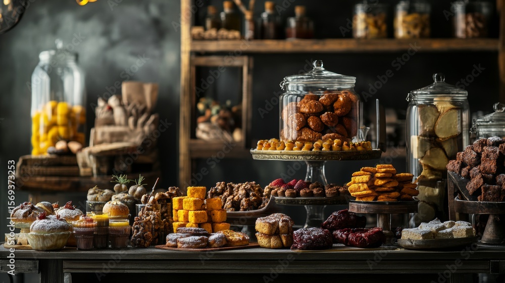Fototapeta premium Rustic dessert table filled with cakes pastries and breads in vintage cozy bakery environment setting
