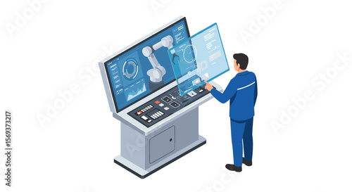 Isometric vector illustration of engineer operating robotic control panel for automation and technology design