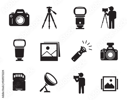Photography Camera Equipment Vector Icon set, Including Cameras, Tripods, Lenses and Studio Tools, black silhouette illustration.