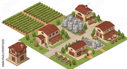 Winery and vineyard isometric vector illustration for design projects