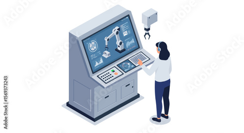 Isometric vector illustration of engineer operating robotic control system for engineering and technology design
