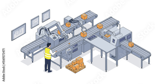 Automated factory production line vector illustration: isometric design for manufacturing and robotics
