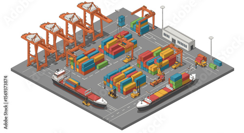 Isometric vector illustration of container shipyard operations for logistics and shipping design
