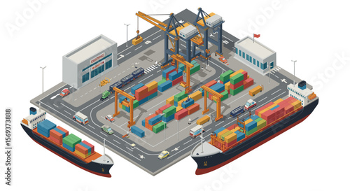 Isometric vector illustration of a busy container port with cargo ships and cranes