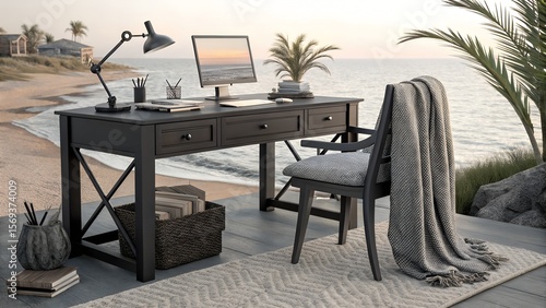 Modern desk and chair set up on a wooden deck overlooking a serene beach at sunset