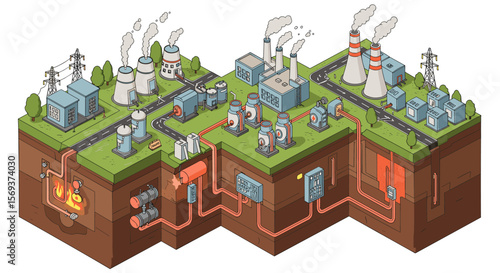 Isometric industrial energy plant vector illustration with underground infrastructure design
