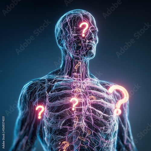 X-ray human silhouette with glowing question marks at vestigial structures, questioning evolutionary remnants.