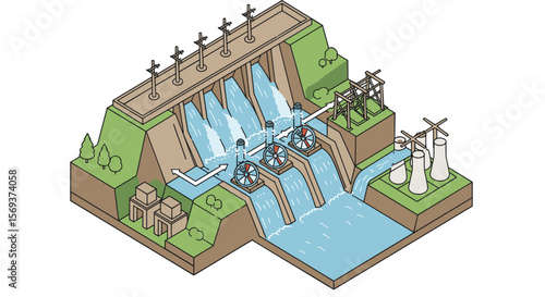 Isometric hydroelectric power plant vector illustration for environmental design