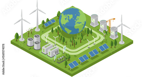 Isometric vector illustration of renewable energy sources with solar and wind power for sustainable design