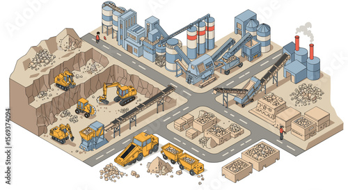 Industrial quarry and factory overview vector illustration in isometric style for construction and manufacturing