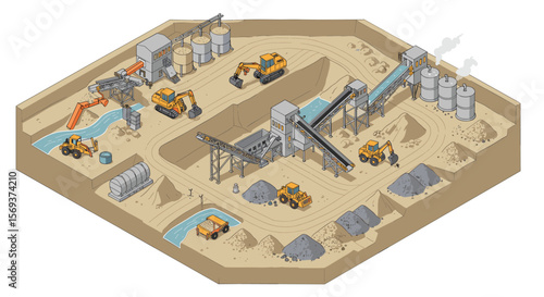Isometric vector illustration of a construction site with heavy machinery and conveyors