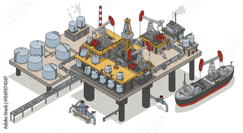 Isometric offshore oil drilling platform vector illustration for industrial design