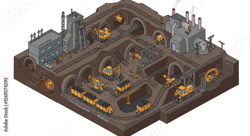 Isometric vector illustration of an underground mining operation with machinery dynamics