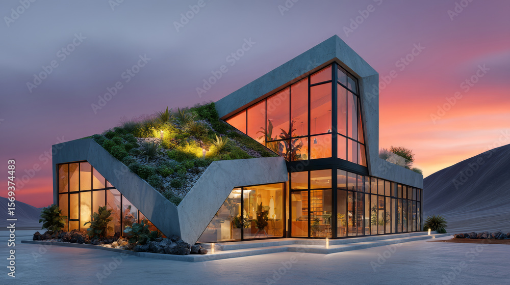 Obraz premium Sustainable house with sloped green roof and full glass walls at sunset
