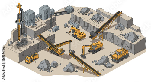 Isometric construction site with heavy machinery vector illustration for industrial design