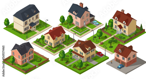 Isometric suburban houses vector illustration for architectural design and prints
