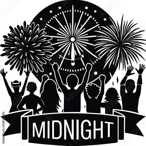 Silhouetted Crowd Celebrates Midnight with Fireworks A Festive Vector Illustration for New Years Eve Gatherings and Celebrations