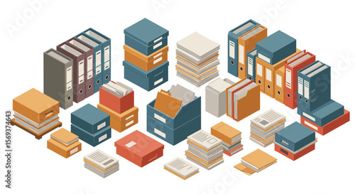 Isometric office organization vector illustration for filing and document management design