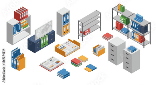 Isometric office furniture and supplies vector illustration for organizational design