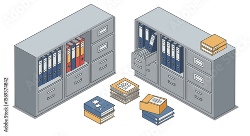 Office organization concept with filing cabinets and documents in isometric vector illustration