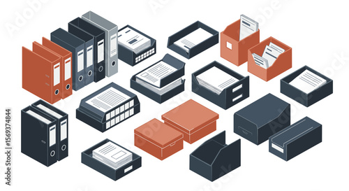 Office organization vector illustration: isometric file folders and document storage design for prints and posters