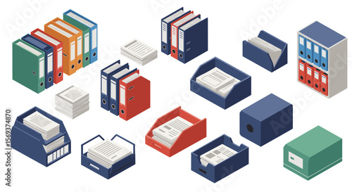 Office organization vector illustration: isometric style for stationery and document management design