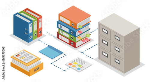 Office organization with filing systems and documents vector illustration