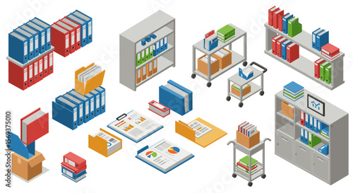 Isometric office supplies and files vector illustration for organizational design