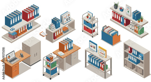 Isometric vector illustration of office organization and storage solutions for workspace efficiency