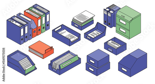 Organized office supplies vector illustration: collection of file folders and storage boxes for design and printing