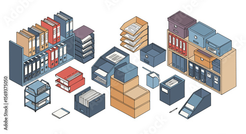 Isometric office storage solutions vector illustration for organizational design