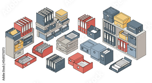 Isometric office supplies vector illustration: organizational design for print, card, poster