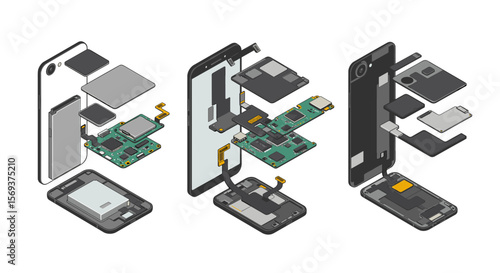 Smartphone repair guide vector illustration in isometric style for educational and technical use