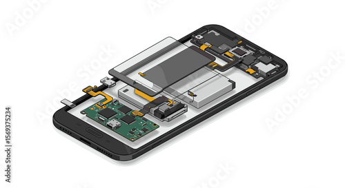 Exploded view vector illustration of smartphone components for educational and design use