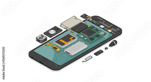 Isometric vector illustration of smartphone assembly exploded view for technology education and design