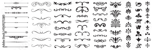 Set or collection of vector filigree flourishes for design. Decorative elements collection.