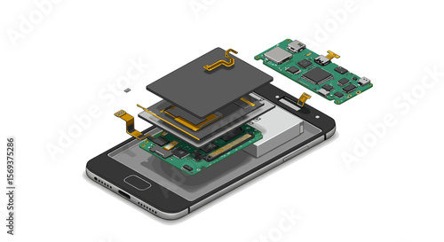 Exploded smartphone technology vector illustration for electronic design and engineering concepts