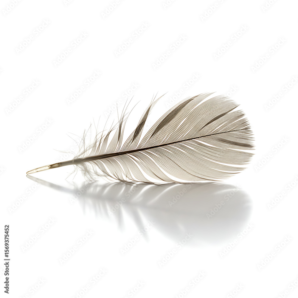 Obraz premium A single, soft grey feather rests on a white, reflective surface, creating a delicate and elegant image. A concept of lightness, peace, and freedom. 