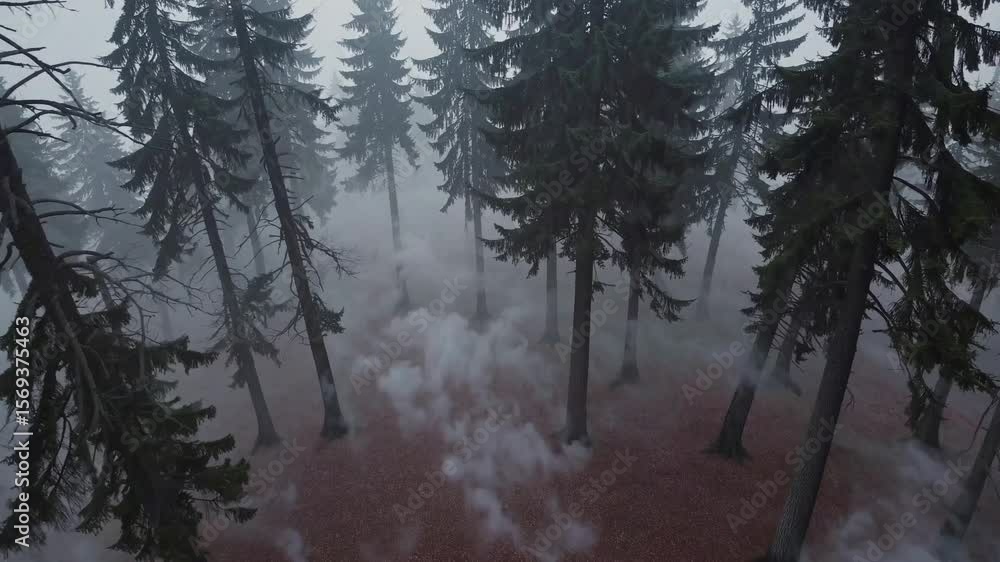 Mysterious fog envelops a quiet forest at dawn during autumn Mysterious fog envelops a quiet forest at dawn during autumn