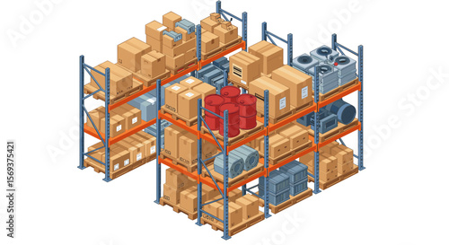Warehouse storage organization vector illustration in isometric style for logistics and inventory management