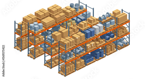 Isometric warehouse storage vector illustration: industrial and logistic organization design