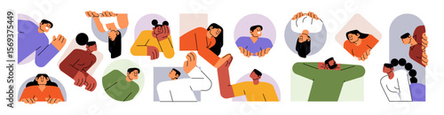 People peeking out set. Happy men and women peep outside window with curiosity. Curious characters look from behind wall, greeting, gesturing. Flat isolated vector illustrations on white background