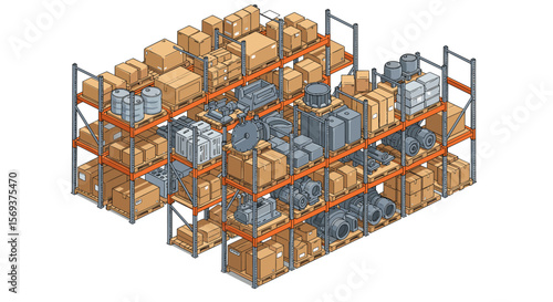 Isometric warehouse storage vector illustration: organized boxes and industrial supplies on shelves for logistics and inventory design