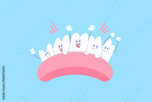 Cute friendly teeth gang on gums illustration cartoon vector design. Dental care concept.